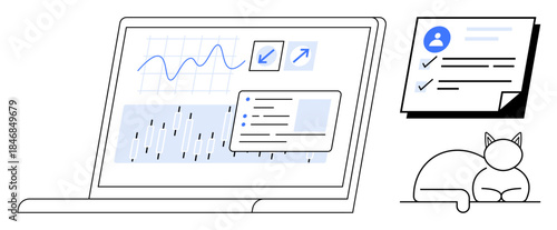 Laptop screen displays charts, graphs, and data insights with documents nearby and cat resting. Ideal for productivity, data analysis, remote work, organization, planning, workflow relaxed
