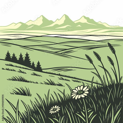 Green prairie with distant mountains and wildflowers