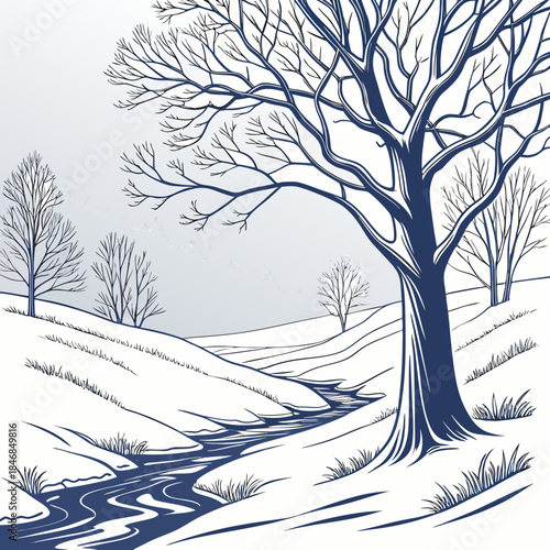 Snowy valley with bare trees and winding stream snowy landscape