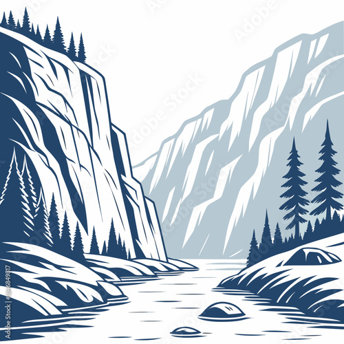 Arctic fjord with frozen cliffs and trees nature