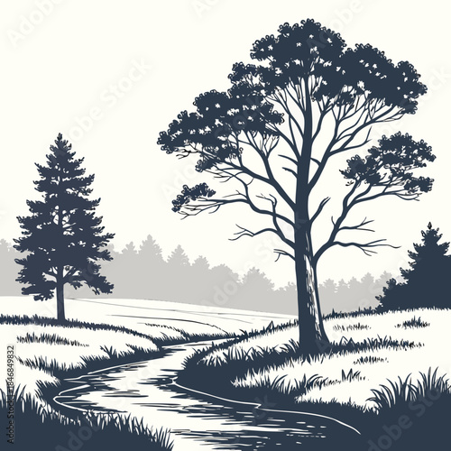 Minimalist forest clearing with small stream and trees 1