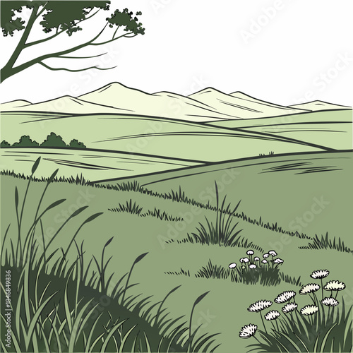 Green prairie landscape with distant mountains and tree