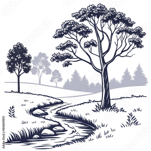 Minimalist forest clearing with small stream and trees