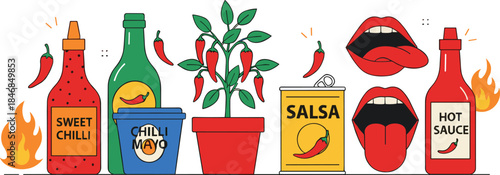 Spicy Chili Sauce and Hot Pepper Vector Illustration Set with Bottles, Cans, Fresh Chili Plant, Flaming Heat Symbols, and Mouth Expressions for Food Branding and Culinary Design Projects