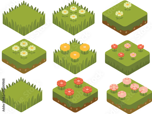 Isometric grass tiles illustration, green terrain blocks set, game environment assets, modular landscape elements, clean vector design
