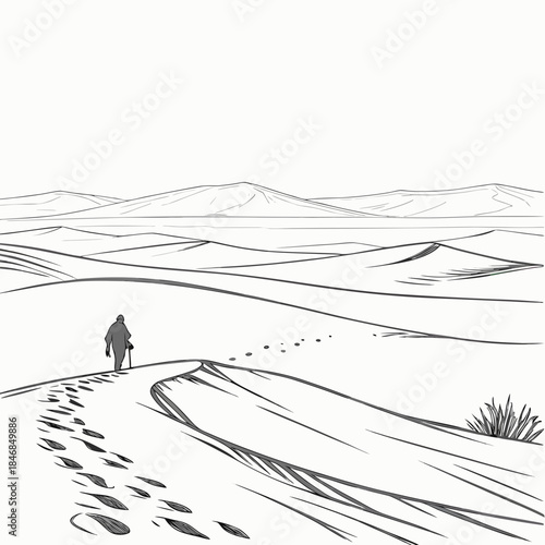 Desert landscape with person walking on sand dune sandstorm