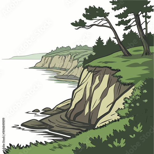 Coastal bluff overlooking calm water with trees and grassy slope
