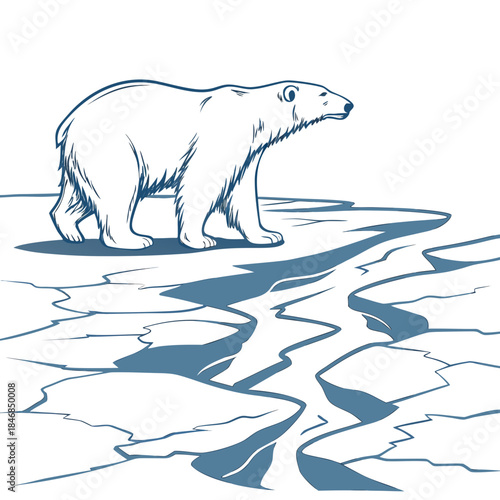 Polar bear standing on melting arctic ice sheet with blue cracks