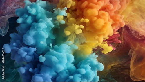 Vibrant Abstract Swirling Colors In Liquid Medium With Golden Sparkles And Dynamic Movement Creating Energetic Organic Shapes In Blue Red Yellow And Orange Tones Illuminated With Soft Light