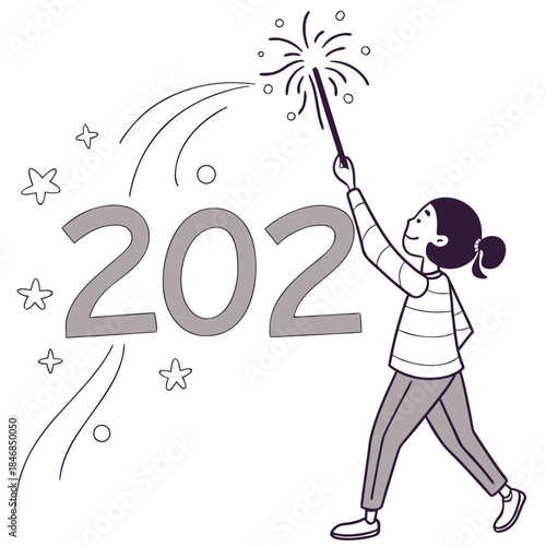 Girl holding sparkler next to 2027 digits floating in air