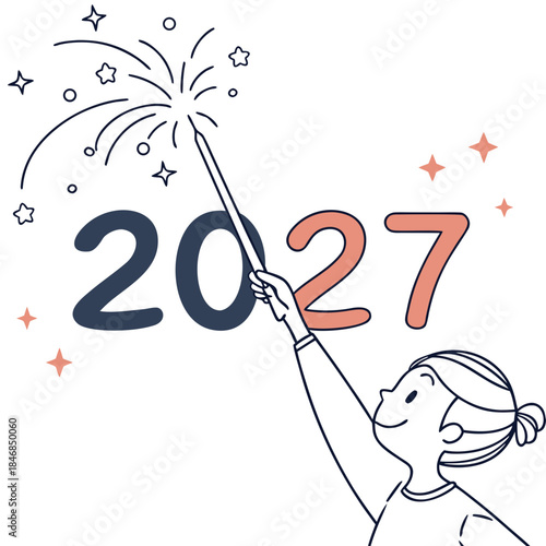 Minimal of a girl holding a sparkler with 2027 digits floating in the air