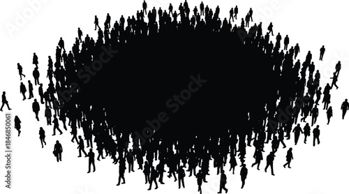 Crowd of people silhouettes forming dense group, human crowd concept illustration, social gathering diversity, population teamwork unity, isolated white background