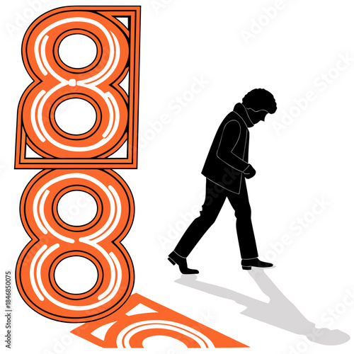 Orange neon digit 8 signs stacked with silhouette man walking by