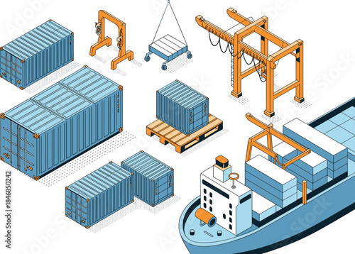 Isometric shipping and logistics illustration with cargo containers, cranes, warehouse, and ship