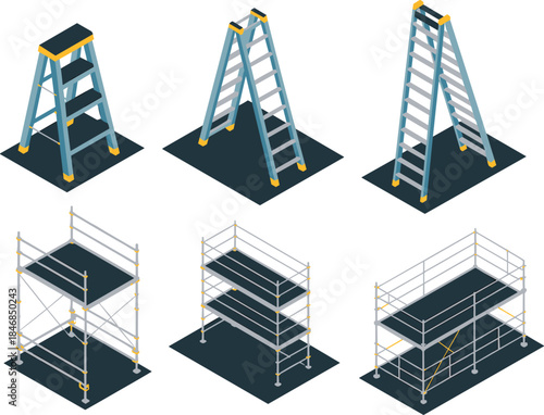 Isometric ladders and scaffolding structures set for construction and maintenance work