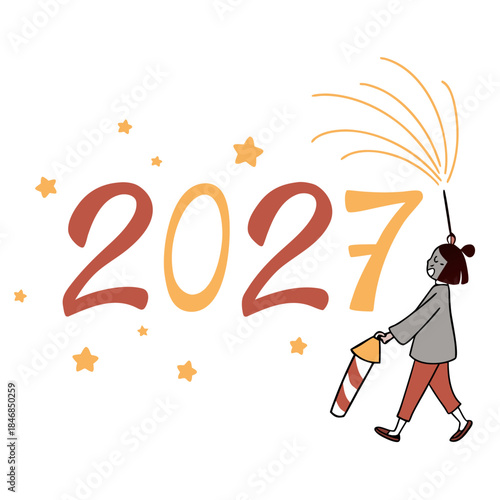 Cartoon woman holding sparkler and bag walking with 2027 text