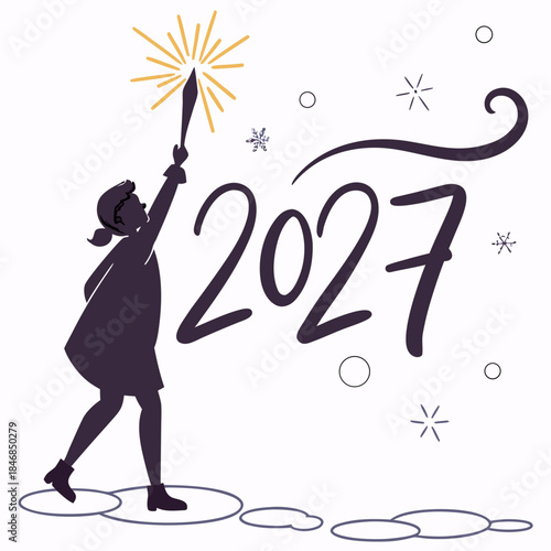 Girl holding sparkler in mid air with 2027 drawn woman