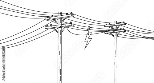 Electric power lines on utility poles illustration, overhead electricity distribution, energy infrastructure concept, black and white vector line art