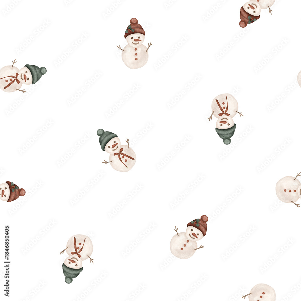 Fototapeta premium Seamless pattern with illustration snowman in the green and red hat. Hand drawing sketch on white isolated background. Repeat ornament with Snowman with red buttons for Christmas or New years design.
