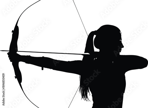 Female archer silhouette aiming bow and arrow, archery sport illustration, target practice concept, strength focus precision, isolated white background design