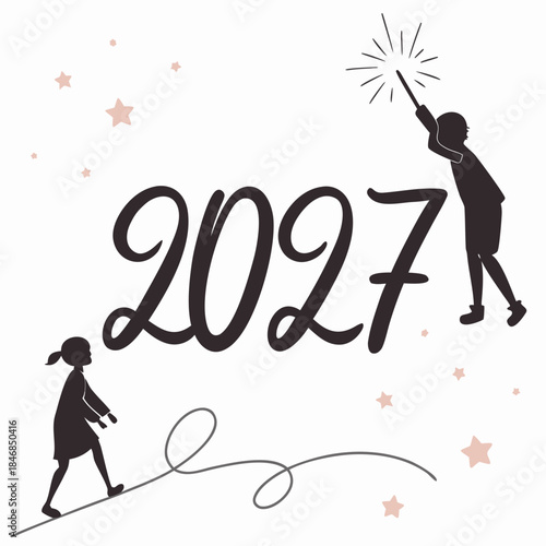 Black silhouettes kids celebrating new year with sparkler 2027