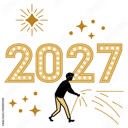 Gold metallic 2027 new year celebration with man holding sparkler