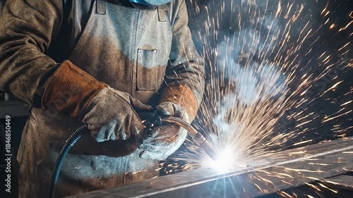 Skilled Welder In Protective Gear And Gloves Fusing Metal Beams With Bright Sparks And White Smoke In A Dimly Lit Workshop Creates Industrial Fusion Process