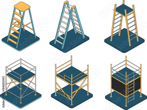 Isometric ladders and scaffolding structures set for construction and maintenance work