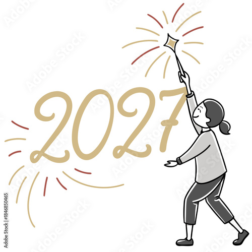 Woman holding sparkler and 2027 fireworks celebration