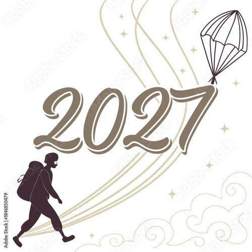Brown silhouette person with backpack running under parachute and 2027 text with swirling lines