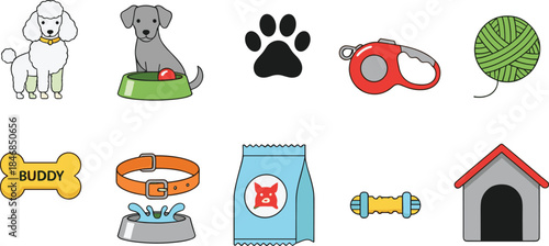 Pet Care and Dog Accessories Vector Illustration Set Featuring Puppies, Paw Print, Food Bowl, Collar, Leash, Toys, and Dog House for Animal Care and Veterinary Design Projects