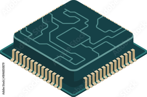 Isometric microchip processor with pins, integrated circuit technology illustration on white background