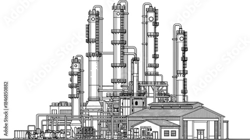 Industrial chemical plant line art illustration, oil refinery factory infrastructure, engineering industry concept, black and white vector technical drawing