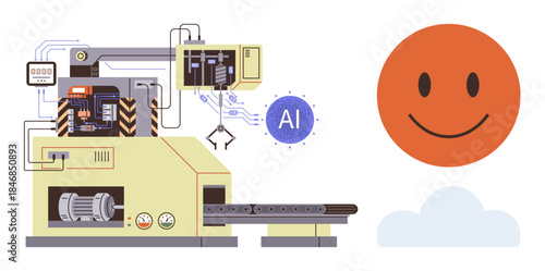 Industrial machine connected with AI technology producing a happy face. Ideal for technology, AI, automation, innovation, industry, creativity, progress, simple flat metaphor