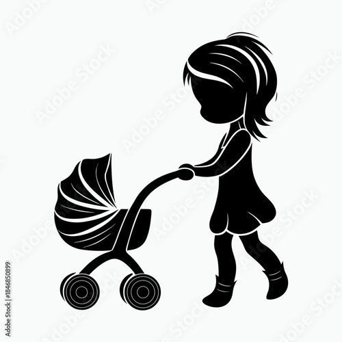 Girl pushes a doll stroller, playful, imaginative play on a plain background