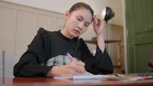Careful Asian woman counting money to secure her family's future. She calculates expenses to manage debt and financial crisis, ensuring the household survives the economic instability.