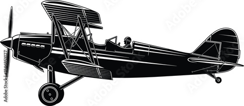 Vintage biplane aircraft illustration, classic propeller airplane silhouette, retro aviation vector art, pilot flying historic airplane, monochrome design, isolated background