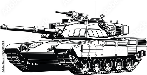 Modern battle tank illustration, armored military vehicle silhouette, heavy combat machinery, tracked warfare equipment, monochrome vector design, isolated background art
