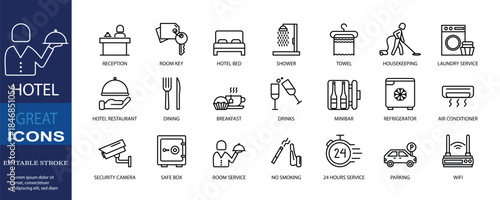 Set of icons for hotel. Editable stroke. Vector illustration	