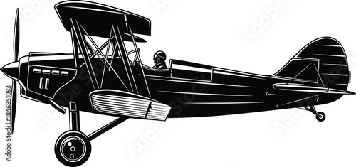 Vintage biplane aircraft silhouette, classic propeller airplane illustration, retro aviation vector art, pilot flying historic aircraft, monochrome isolated white background