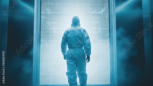 Person in Protective Hazmat Suit Walks Towards Glowing Digital Matrix Portal in Dimly Lit Futuristic Corridor with Blue Neon Lights and Fog