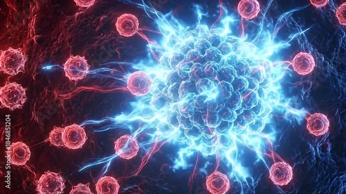 Abstract Molecular Cluster With Red Cells Surrounding Central Blue Energy Formation And Connection Tendrils In Dark Textured Background Detailed Macro View