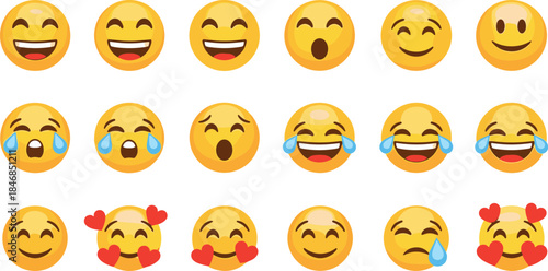 Vector Cartoon Emoji Collection of Smiling Faces Expressing Joy, Laughter, Crying, Surprise, and Love Hearts, Ideal for Social Media, Messaging, and Digital Communication Graphics.