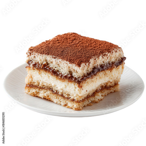 Delicious tiramisu slice on a plate isolated on transparent background