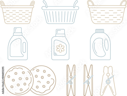Laundry icons set illustration, baskets detergent bottles clothespins cookies, minimalist line vector household cleaning symbols collection