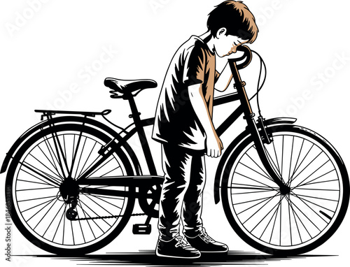 Monochrome Illustration of Sad Boy Leaning on Vintage Bicycle Vector