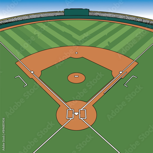 Clean top‑view vector illustration of a baseball field featuring a clear diamond layout with home plate, three bases, pitcher’s mound, infield dirt, and bright green outfield.
