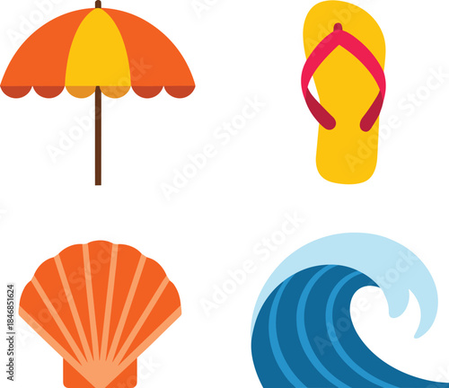 Flat summer beach icons set with umbrella, flip flops, shell, and wave