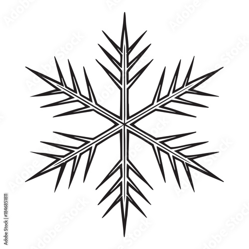 A detailed black and white illustration of a complex snowflake with intricate branching patterns and sharp points