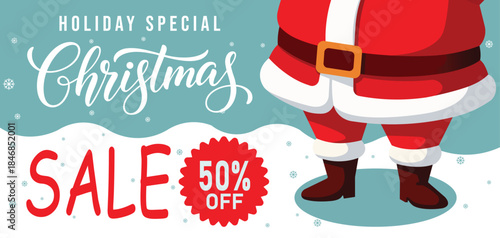 Holiday special Christmas sale banner with modern typography, cheerful Santa Claus illustration and bold 50% off discount badge, perfect for winter retail promotions, web ads, posters and social media